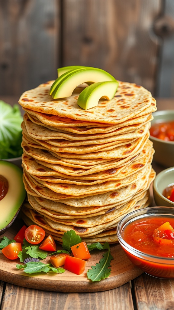 Fresh quinoa tortillas stacked with toppings of avocado, tomatoes, and greens on a wooden table.